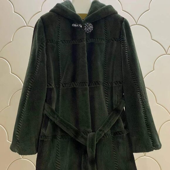 New Real Sheared MINK Fur Coat Jacket Stroller Hooded Forest Green Seaweed Moss - Picture 1 of 9